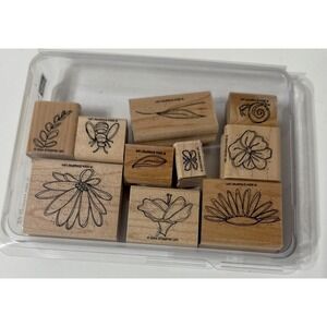 2004 Stampin Up Mounted Rubber Stamp Set Of 10 Full Bloom Flowers Snail Bee